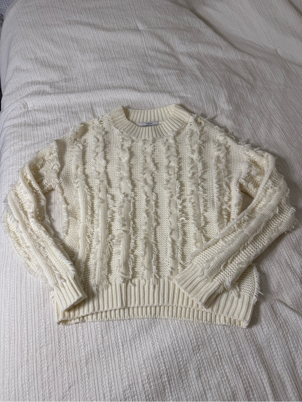 Ro & De Textured Fringe Cable Crewneck Sweater - Cream